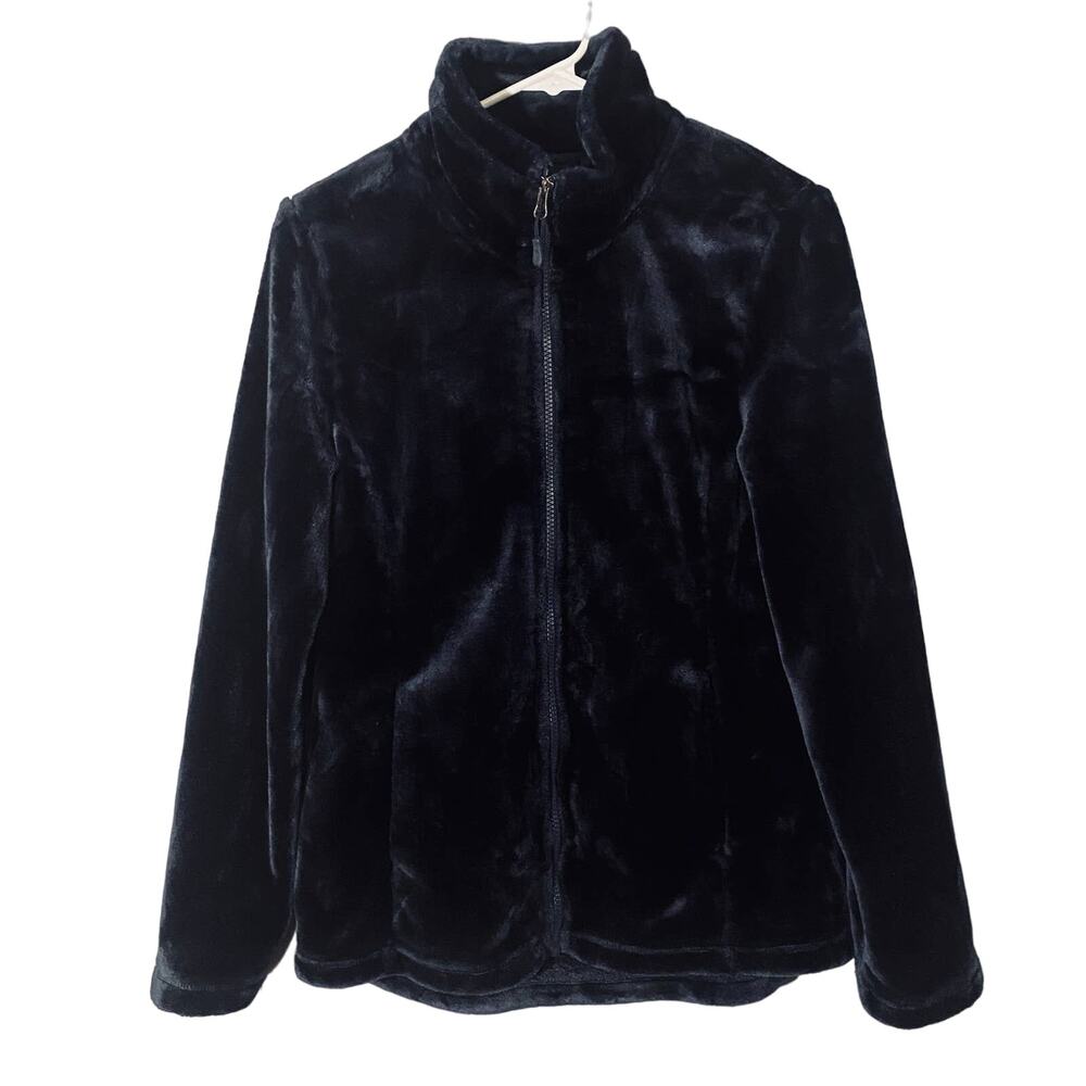 Heat Keep Black Velour Long Sleeve Full Zip Casual Athletic Jacket Women Sz M
